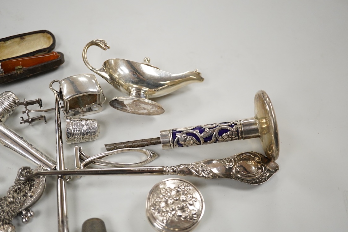 A Victorian silver vinaigrette, Edward Smith, Birmingham, 1848, 27mm, a collection of thimbles including some silver and sundry other items including pencils, child's rattle, button hooks, silver pocket watch, silver Ala